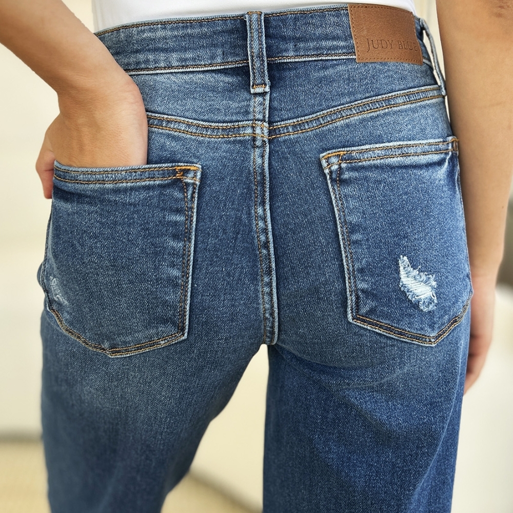 Mid-Rise Distressed Torn Mom Jeans Straight Leg Raw Hem Denim Pants Judy Blue - Picture 5 of 16